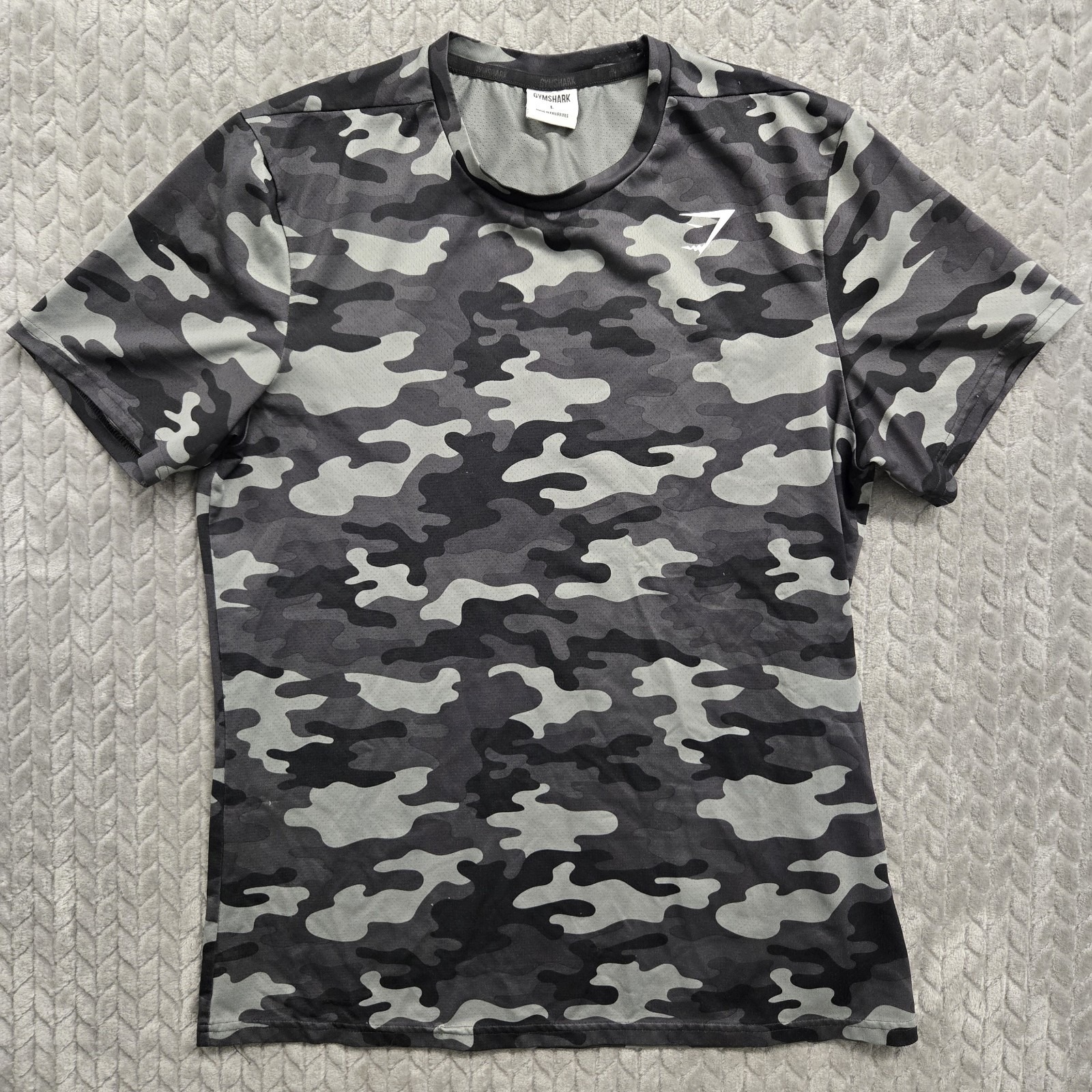 Gymshark Arrival Shirt Mens Large Black Grey Camo Performance Training Outdoors